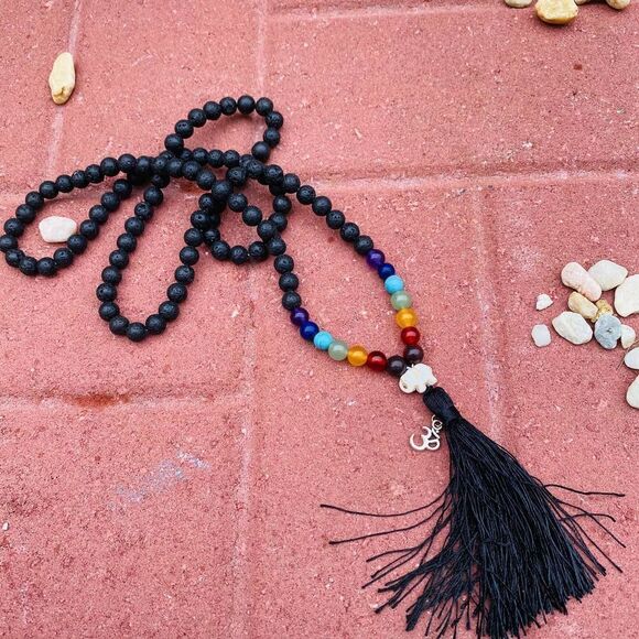 Black Lava Stone Chakra Mala Necklace - Picture 1 of 8